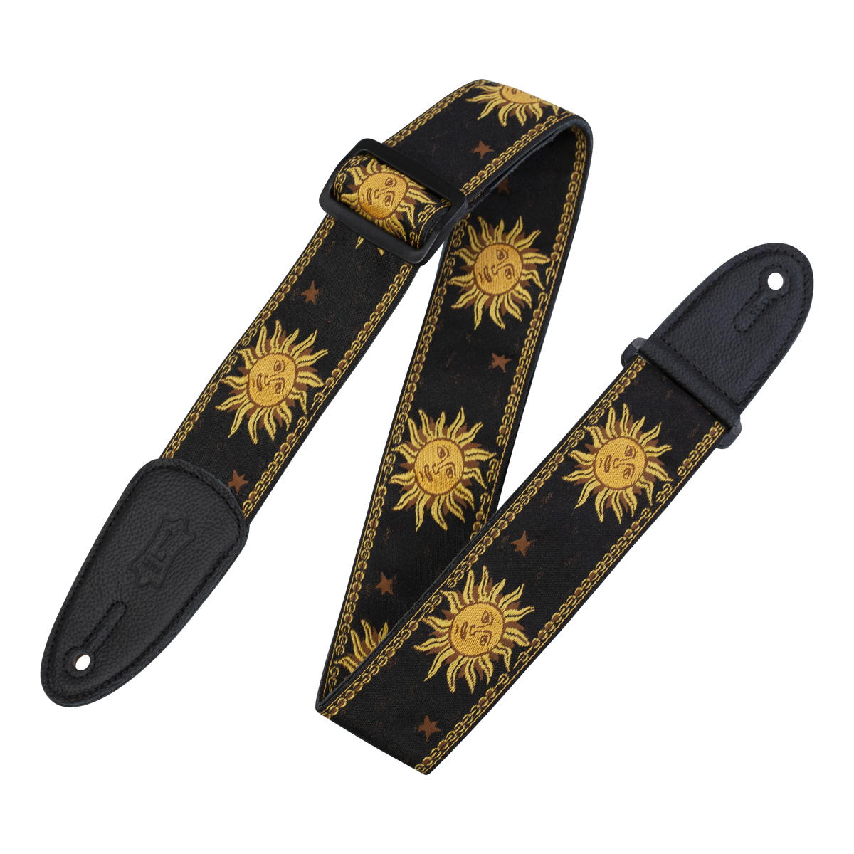 Moon, Sun, Compass Rose Hand Tooled Black Leather Guitar Strap 