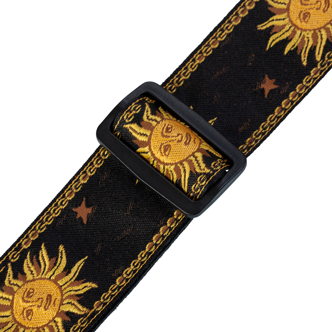Moon, Sun, Compass Rose Hand Tooled Black Leather Guitar Strap